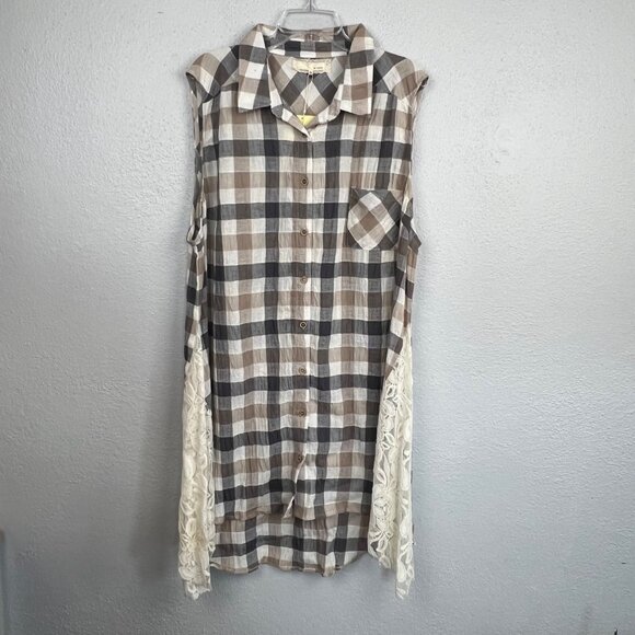 A'Reve Dresses & Skirts - NWT A'reve Women's Plaid & Lace Button Up Sleeveless Shirt Dress Size 2XL